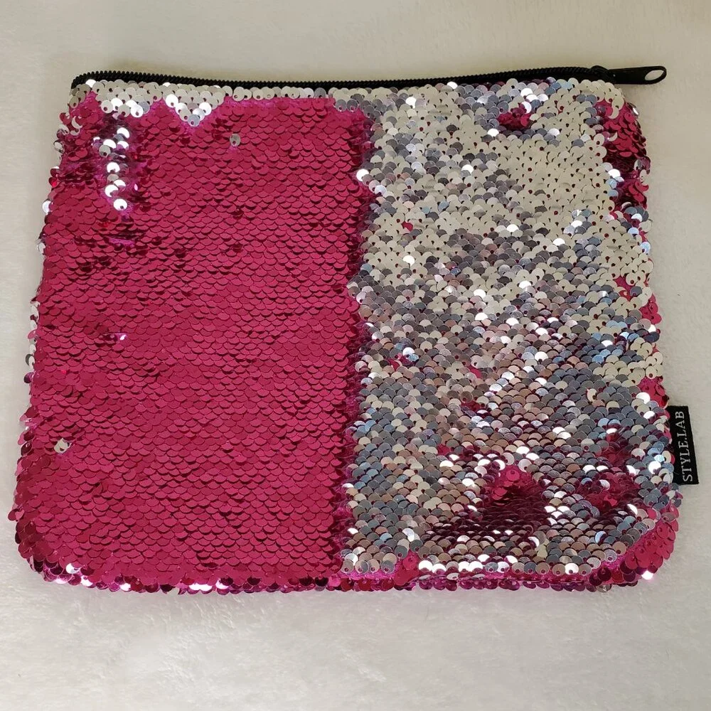 Sequin Makeup Bag Cosmetic Purse Reversible Pink & Silver Sequins Girl Women